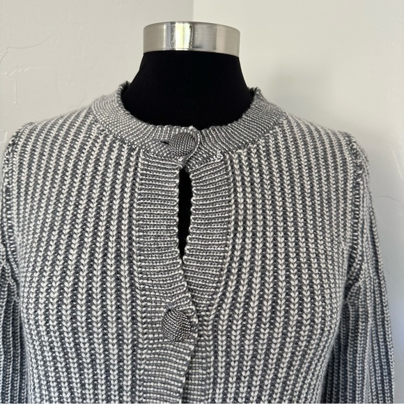St. John Gray Wool Blend Striped Knit Button Up Cardigan Size M - Picture 4 of 16
